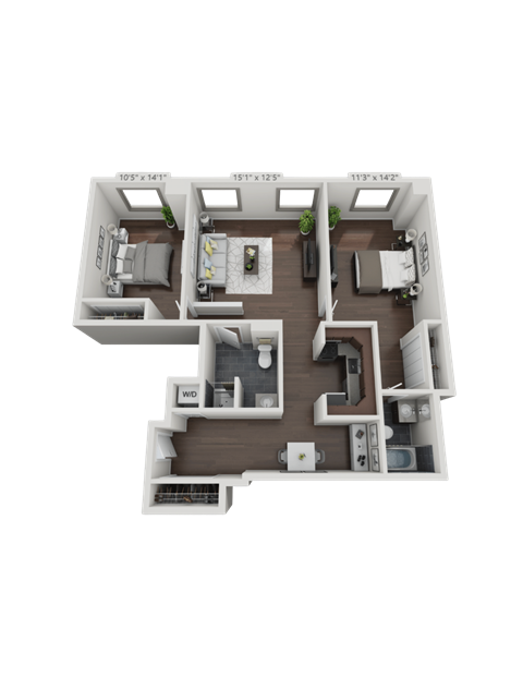 A 3D floor plan of a house with two bedrooms, two bathrooms, a living room, a kitchen, and a dining area.